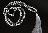 34" White Iridescent Faceted Agate Long Necklace with 4" Light Gray Silky Tassel Dangle